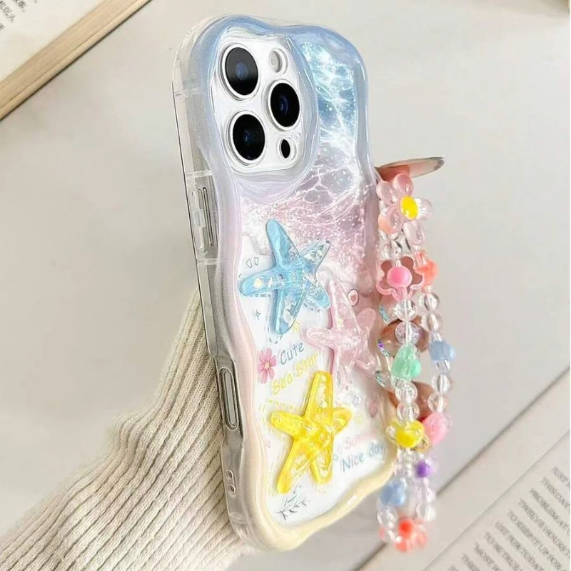 Cartoon Starfish Shell Transparent Wavy-edge Phone Case For iPhone 17 16 15 14 Plus 13 12 11 Pro Max 16E 17E With Lanyard Cover view 5