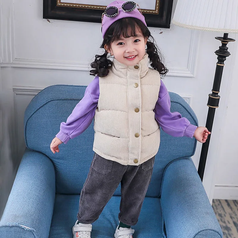 Children Autumn Winter Warm Vest Girls Casual Solid Color Jacket Boys Simple Fashion Collar Thickened Corduroy Waistcoat  3-10 Y