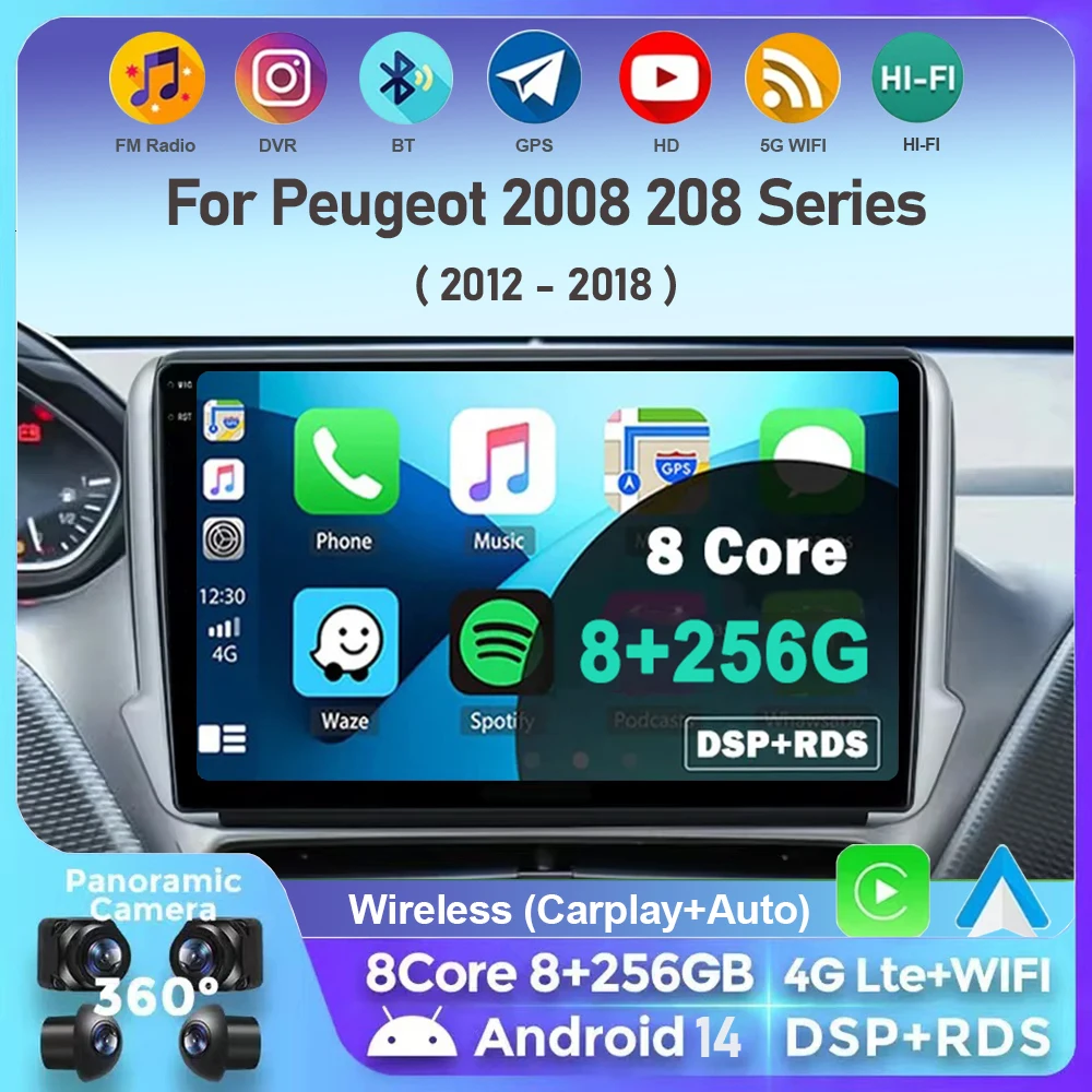 Android 14 For Peugeot 2008 208 Series 2012-2018 Car Multimedia Navigation GPS Carplay Radio DVD 2din Stereo autoraido QLED DSP