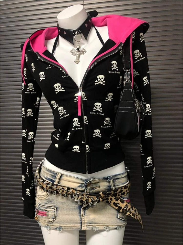 American Vintage Subculture Long Sleeve Hoodie Bodycon Women Casual Punk Skull Print Sweatshirt Zipper Y2k Harajuku 2025 Autumn