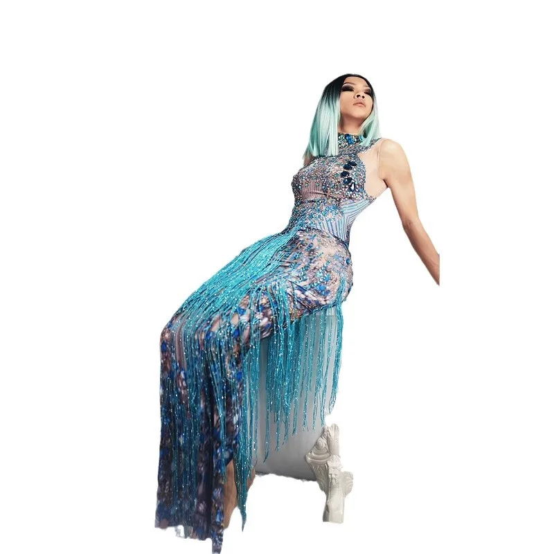 

Western Regions Princess Blue Tassel Temperament Dress Ball Performance Birthday Party Party Host Performance Uniform Abendkleid