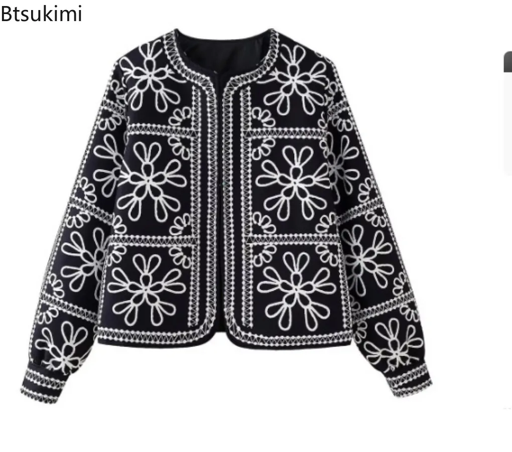 Fashion Floral Printing Cardigan Warm Jacket for Women 2025 Autumn Winter Round Neck Long Sleeve Coats Elegant Street Outerwear