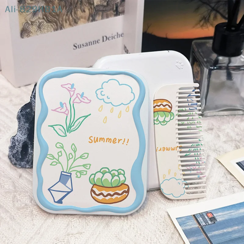 Cute Cartoon Botany Folding Clamshell Mirror Makeup Mirror With Comb Portable Creative For Women Girls Handheld Mirror ﻿