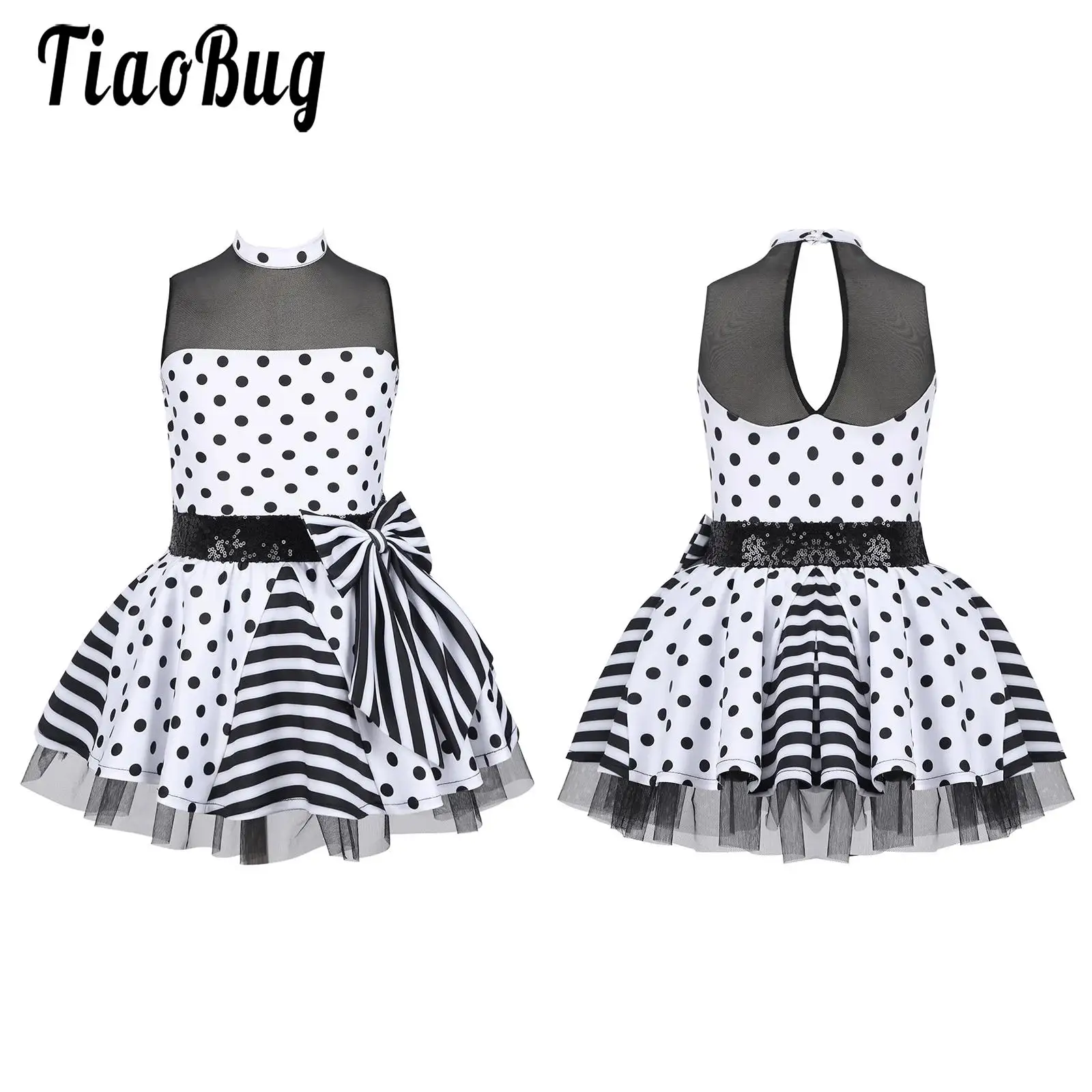 Girls Jazz Latin Ballet Dance Dress Polka Dots Print Mesh Sequin Bowknot Tutu Dress Birthdays Party Wedding Flower Girl Dresses