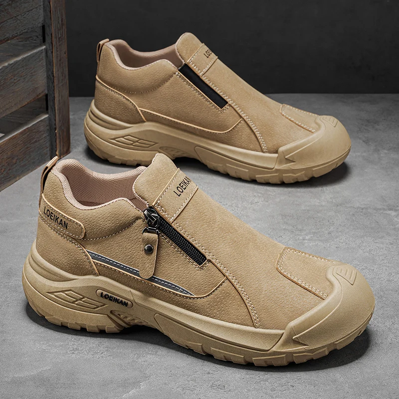 Men Side Zipper Suede Work Shoes Non Slip Thick Sole Outdoor Casual Hiking Sneakers Khaki Black