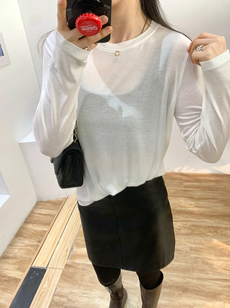 T-shirt ampia a maniche lunghe girocollo tinta unita casual da donna autunno e inverno