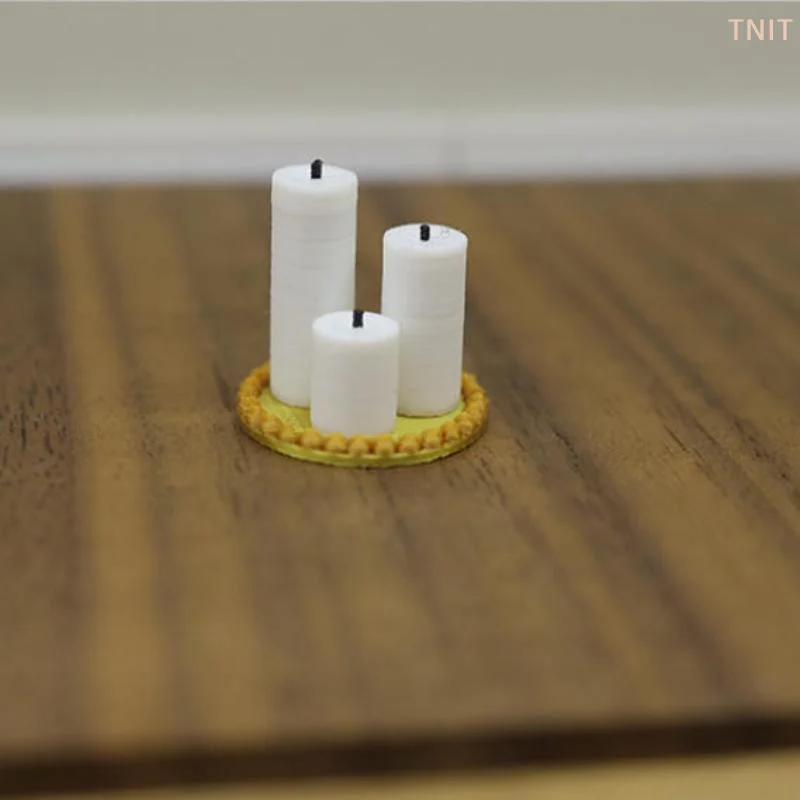 [J] 4Pcs Home Ornament 1:12 Dollhouse Mini White Candle Miniature Tray Set Playhouse Toys Christmas Scene Decoration