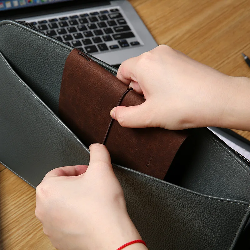 Multifunctional A4 Business File Folder with Zipper, Leather Document Organizer Bag with Card Slots and Pen Holder for Meeting