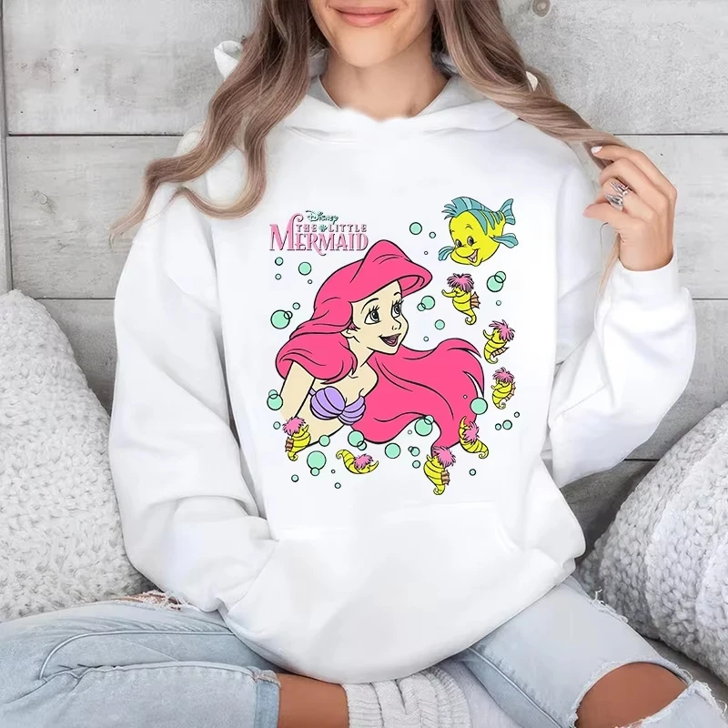 

MINISO Kawaii Disney Little Mermaid Print Hoodie Women's Sports Sweater Loose Top Casual Wear Toy Story Theme Park Casual Wear