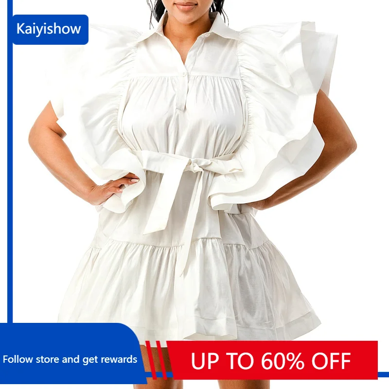 Summer Fashion Flying Sleeves Shirt Dress Women Casual Lapel Button Lace Up Ruffle Dress Women