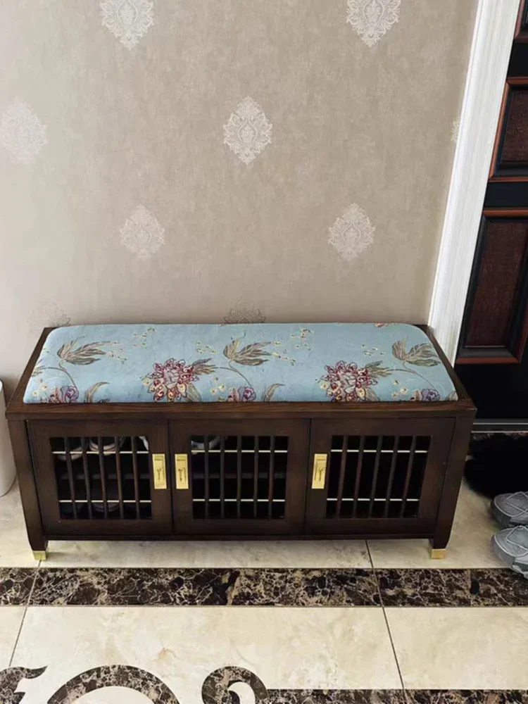 Z New Chinese-style breathable shoe change stool Solid wood leather shoe stool at the door