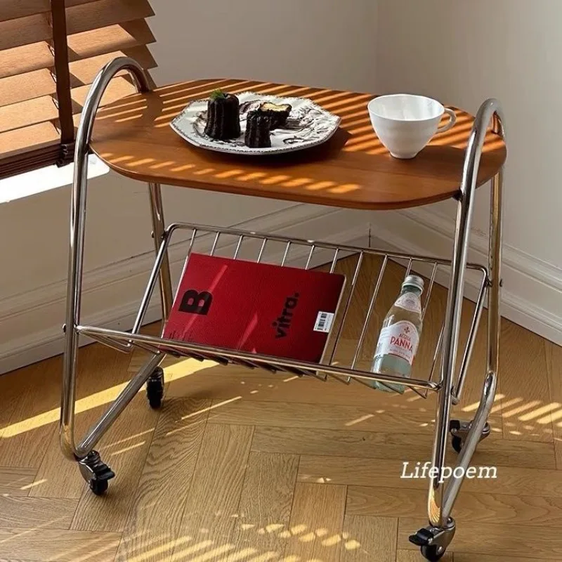 Retro solid wood movable coffee table living room creative sofa side storage corner Internet celebrity magazine trolley