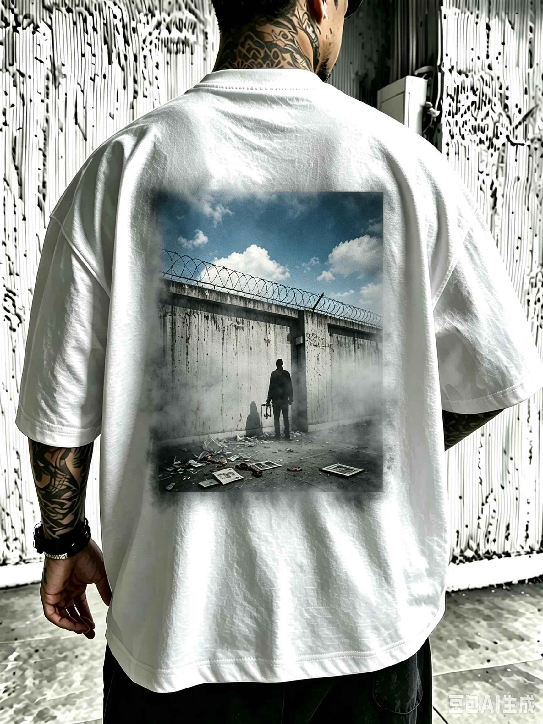 Men Women Unisex Oversized Cotton Tshirt, Prison Wall Barbed Wire Lonely Man Silhouette Back Print Tee, Dark Aesthetic Captivity & Freedom Concept Vintage Street Fashion Casual Short Sleeve Tops