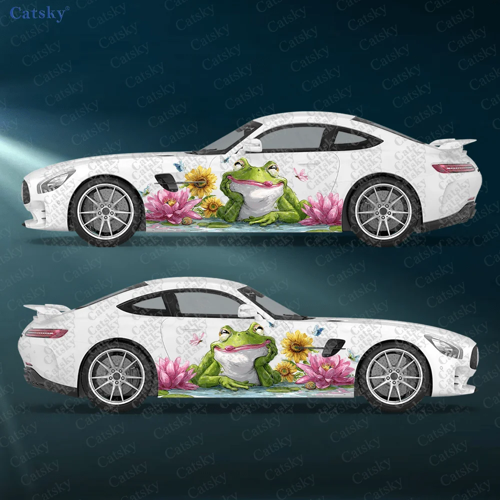 

2pcs Green Frog on Pond Lotus Car Side Wraps, Self-Adhesive PVC Waterproof & Scratch-Resistant Stickers, Car Accessory Gift