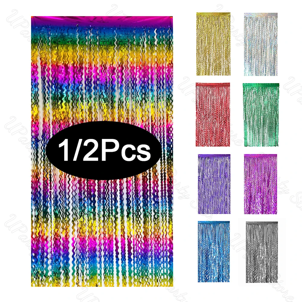 1/2Packs Wavy Glitter Curtains for Birthday Decoration Laser Glitter Fringe Foil Backdrop Curtains for Christmas 2024 Decoratio