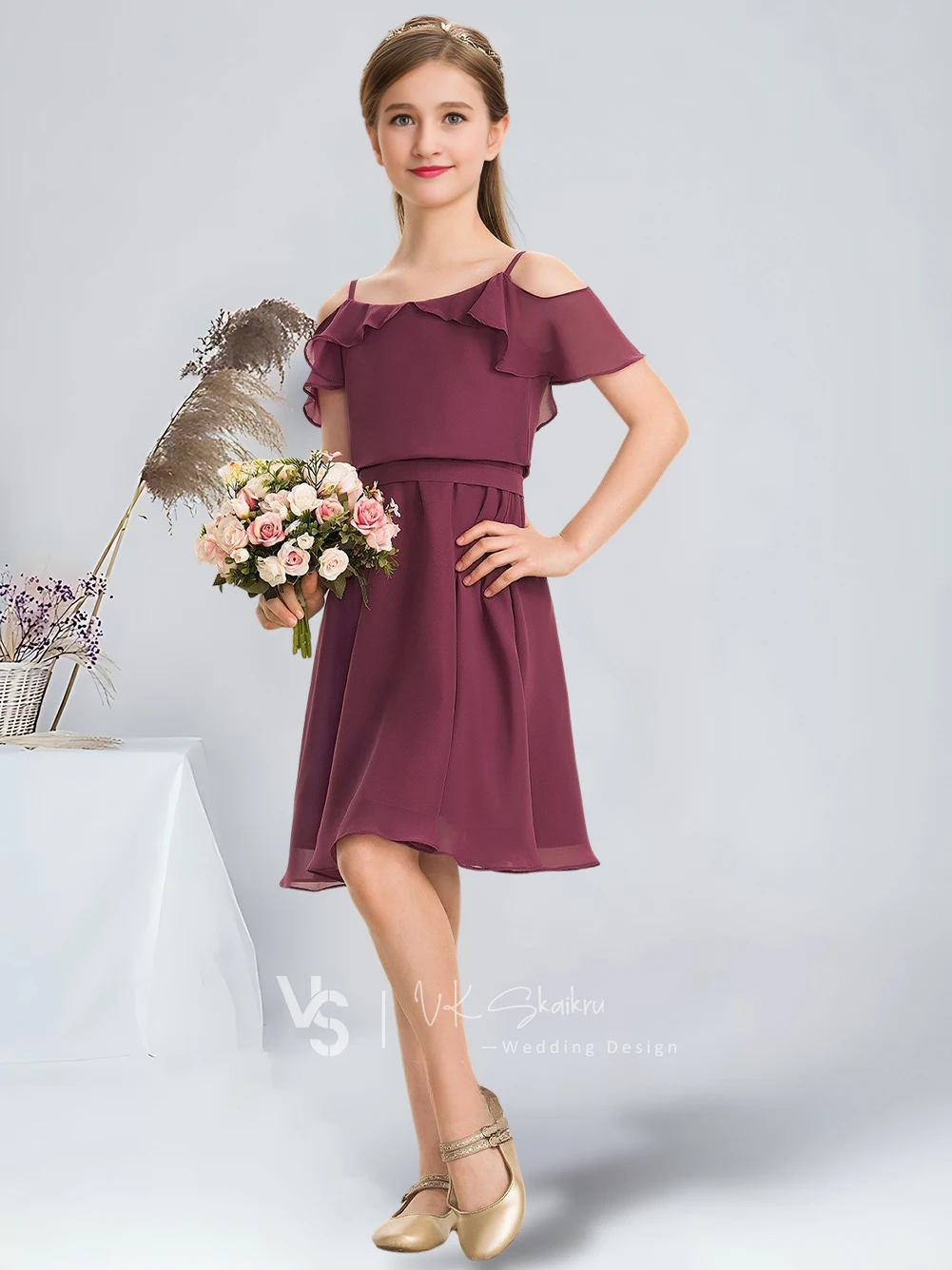 A-line Cold Shoulder Knee-Length Chiffon Junior Bridesmaid Dress With Bow Cascading Ruffles Mulberry Flower Girl Dress Wedding