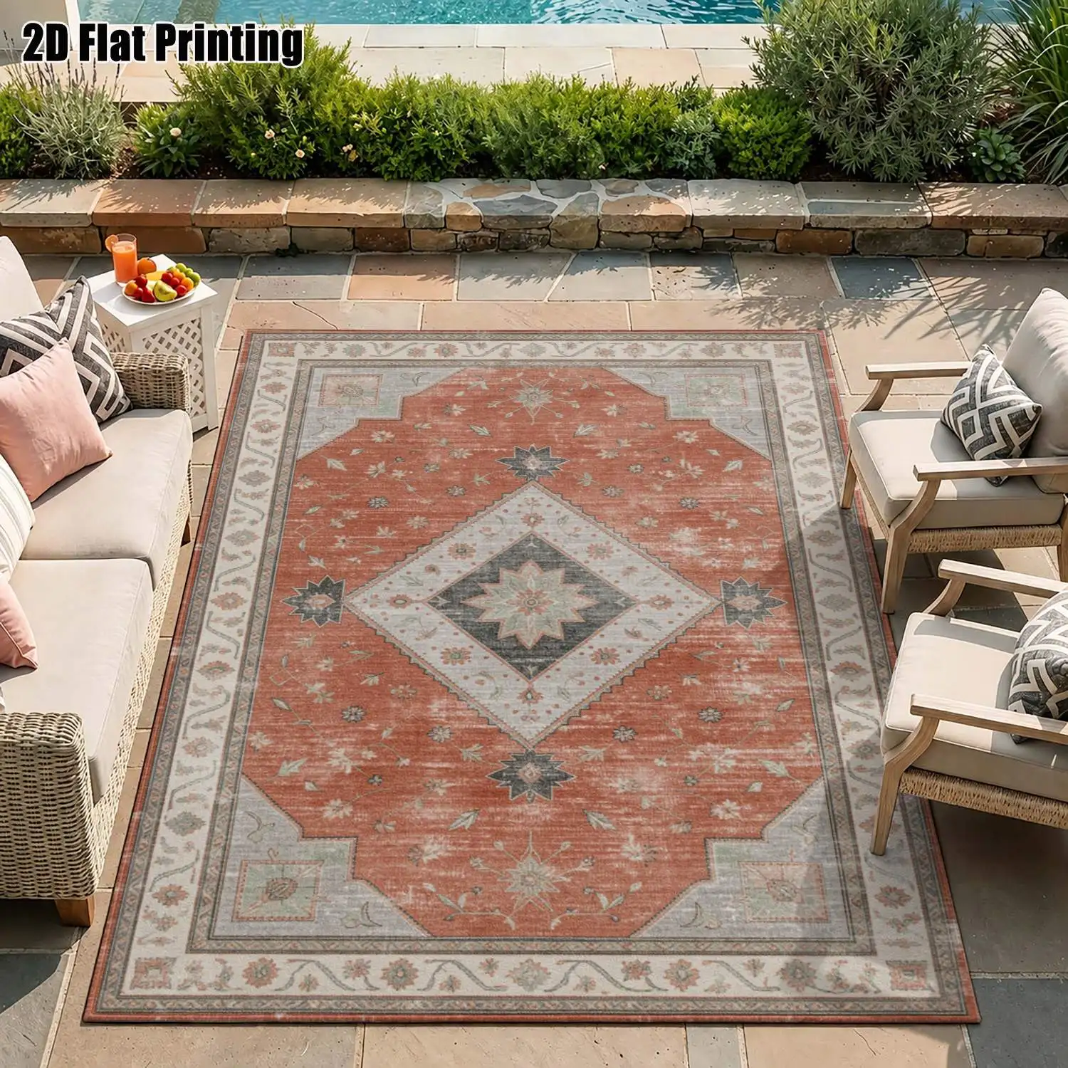 1Pc 2D Printed Retro Brick Red Geometric Carpet, Multiple Styles & Sizes, Machine-Washable, Suitable for Multi-Scenario Home Decor