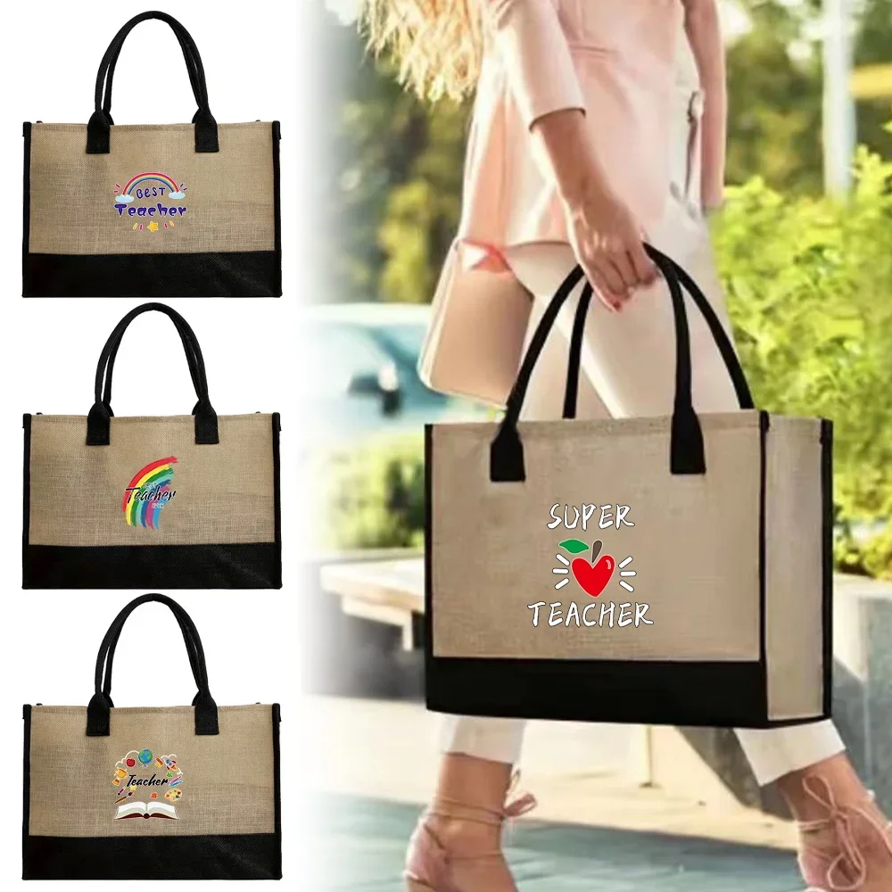Burlap Jute Tote Bag Fashion Commuting Flax Crossbody Teacher Printing Series Vintage Reusable Grocery Shopping Handbags