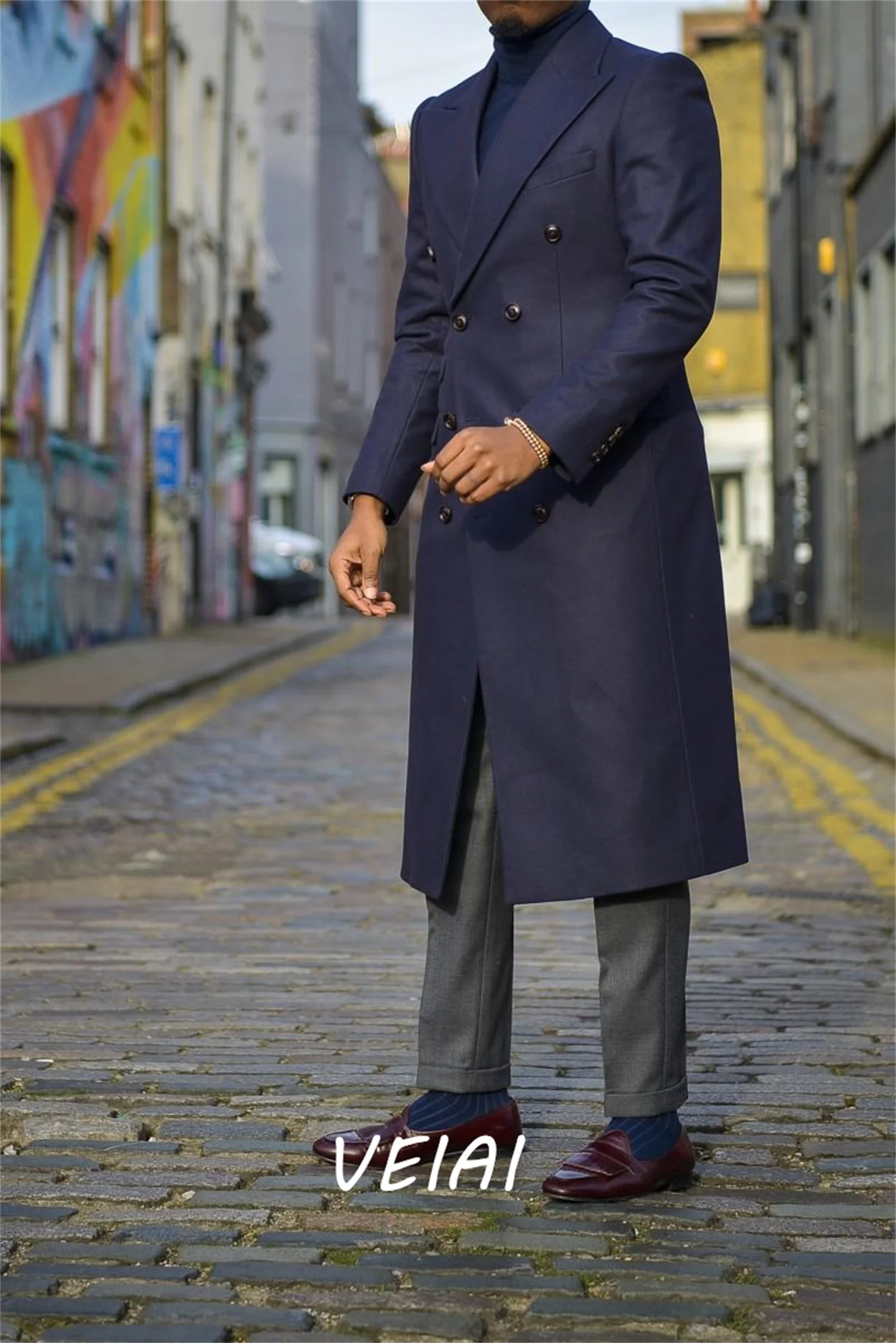 

Customized New Style Winter Formal Party Men Suit Navy Blue Double Breasted Chic Long Jacket Outdoor Spring Coat 1 Pieces