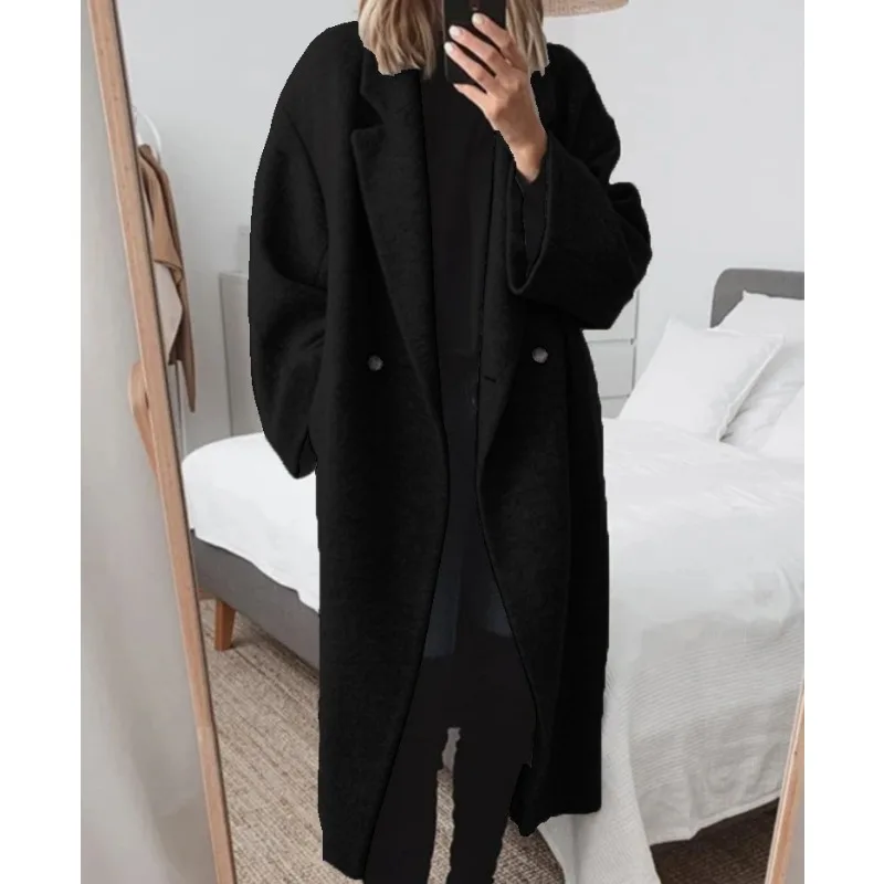 معطف صوف نسائي سترة طويلة لخريف وشتاء 2025 معطف سميك بجيوب بأزرار وياقة مقلوبة ملابس خارجية صوفية للمكتب للسيدات