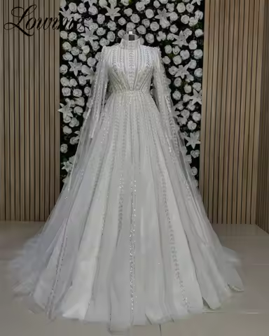 Elegant Muslim Long Sleeves Ivory Evening Dress A Line Beaded Middle East Arabic Dubai Prom Party Dress Bespoke Occasion Dresses