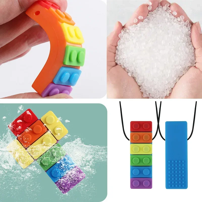 1Pc Sensory Chew Necklace Brick Chewy Kids Silicone Biting Pencil Topper Teether Toy, Silicone teether for children with autism