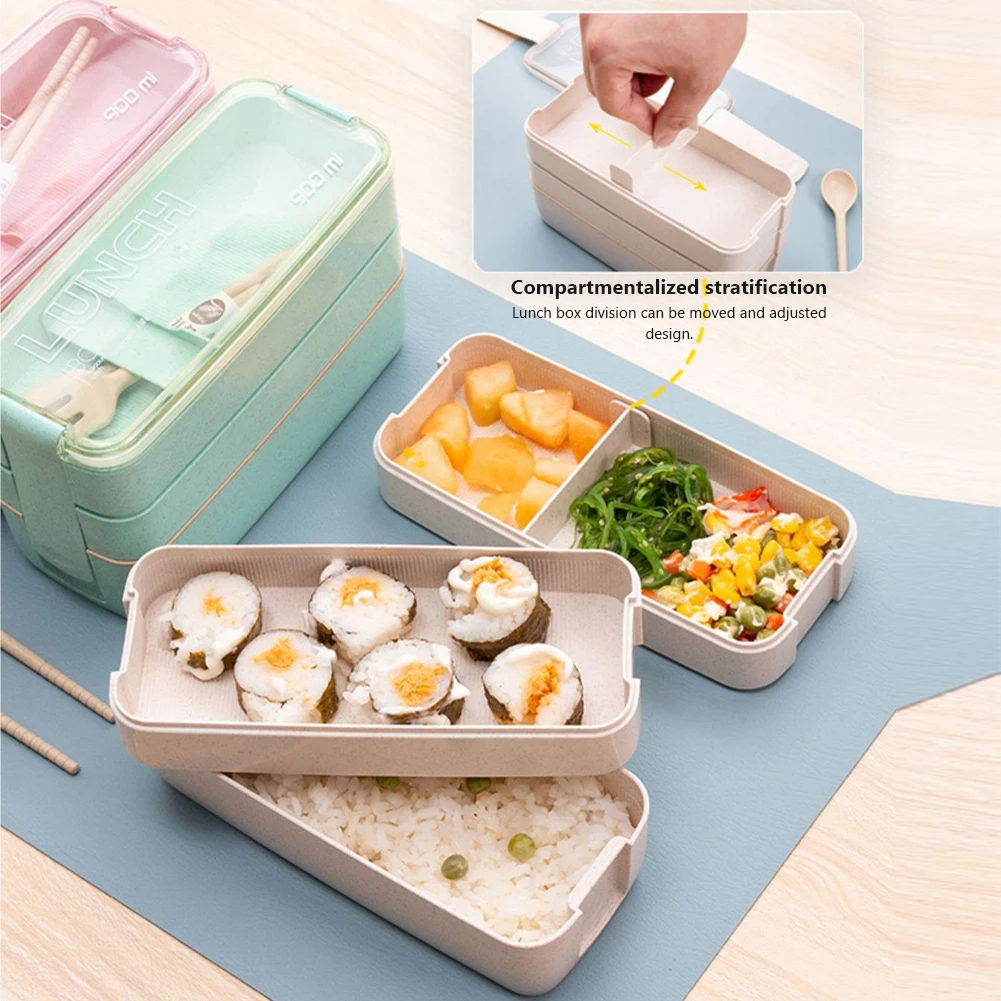 3 Layer Lunch Box Bento Boxes With Detachable Compartment Tray Spoon & Fork 3  Design Rectangular Stackable Bento Box Wholesale