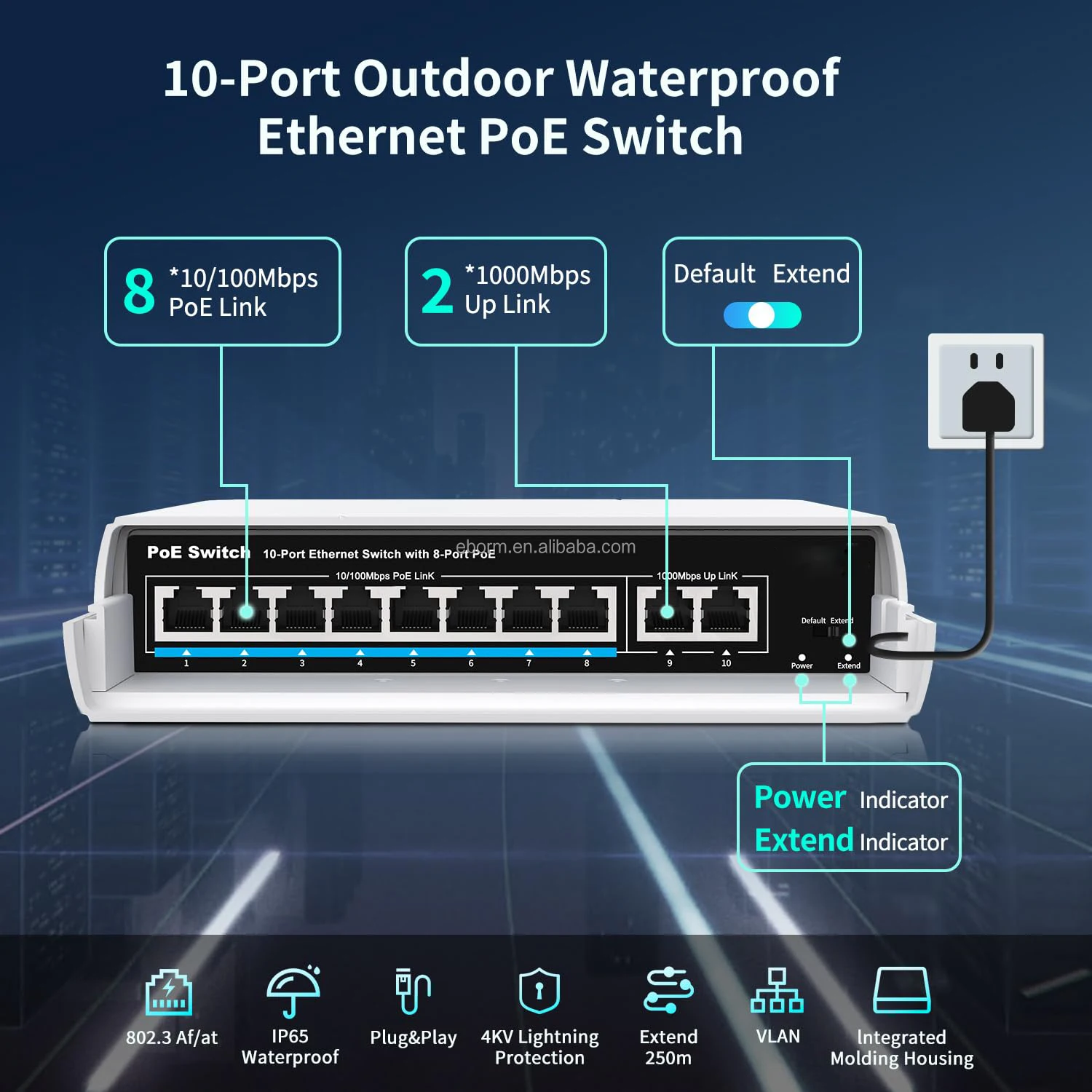 Factory  Outdoor Waterproof 8 Port 10/100 Poe Switch 120w with Gigabit Uplink Port Support IEEE802.3af/at for Cctv Ip Poe Camera view 5
