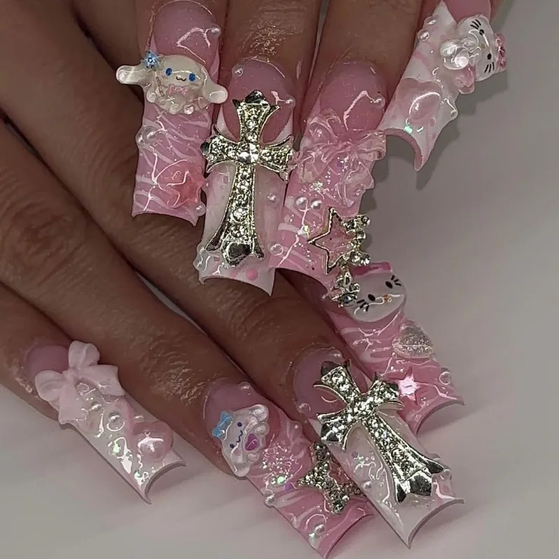 24pcs Acrylic Press on Nails Set Y2k French Tips Long Coffin False Nails with Pink Bowknots Cute Sanrio Nails Accessories