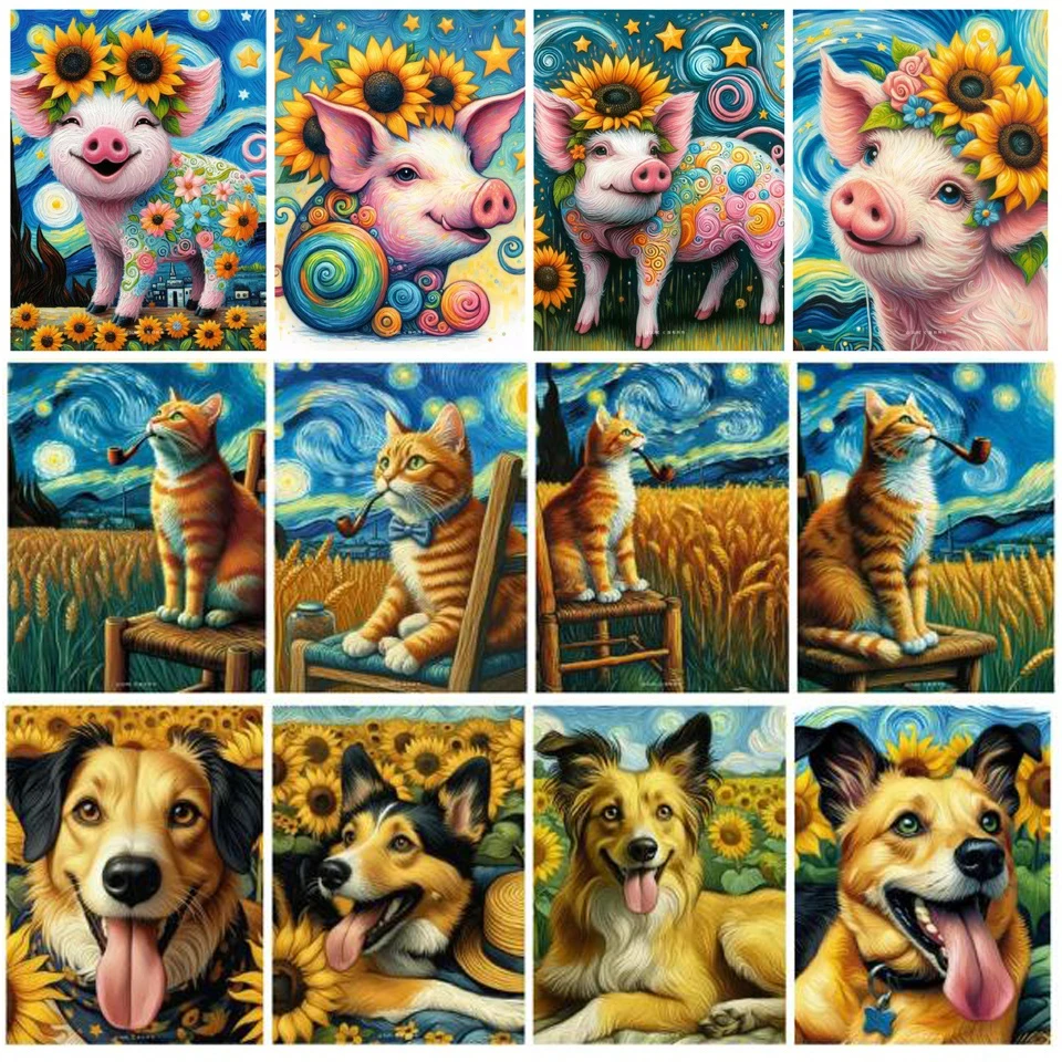 DIY Diamond Painting Animal Pig Dog Cat Full Square/Round Diamond Embroidery Van Gogh Style Sunflowers Mosaic Home Decor Y1330