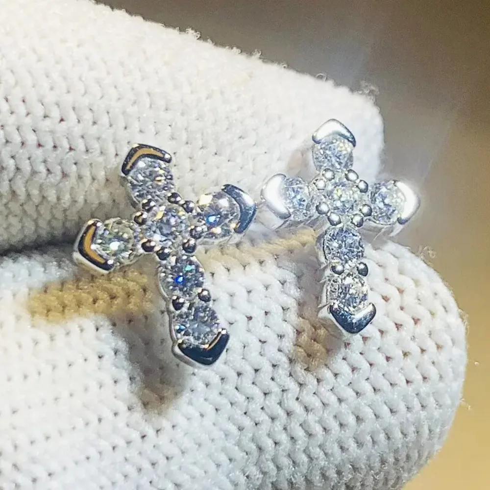 Trendy Silver Tone Stainless Steel Rounded Edge Cross Full Pave 5A Zircon Stud Earrings Bling Unisex Minimalist Fashion Jewelry