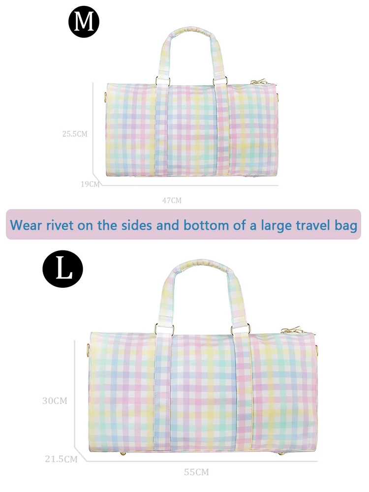 Imagem -02 - Arco-íris Gingham Duffle Bolsas para Mulheres Personalizado Grande Weekender Viagem Fitness Bolsa Logotipo Personalizado Duffle Bolsas de Nylon Presente