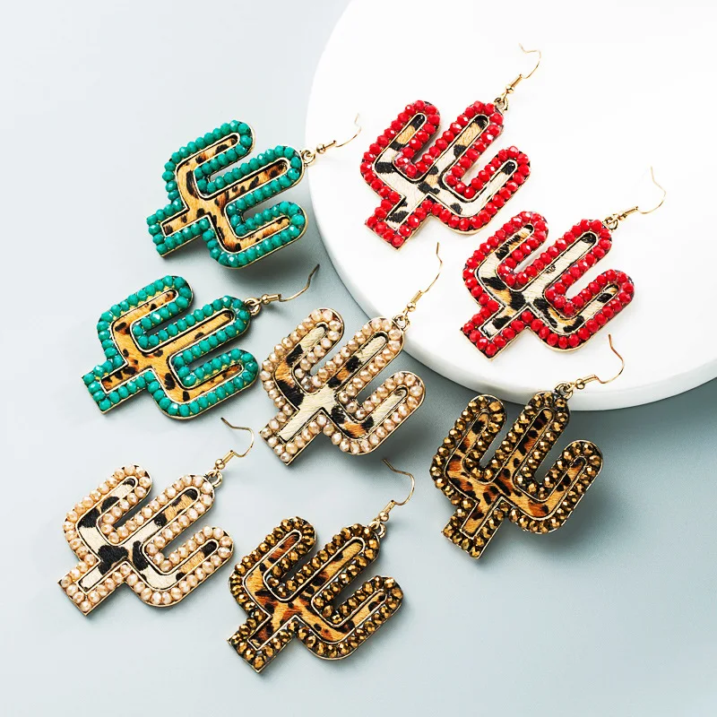 New retro leather exaggerated earrings set with crystal leopard print leather cactus earrings independent station