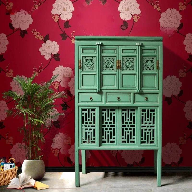 Nordic Antique Style Solid Wood Painted Lacquer Hollow Carved Storage Clothes Closet