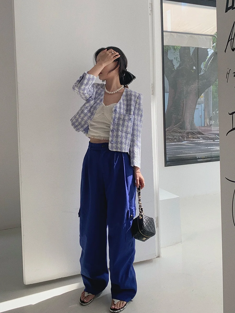 

Bluetique Heavy Duty Workwear Pants Gem Blue Fleece Lined Wide Leg Zipper High Waist Polyester Fiber Casual Trousers
