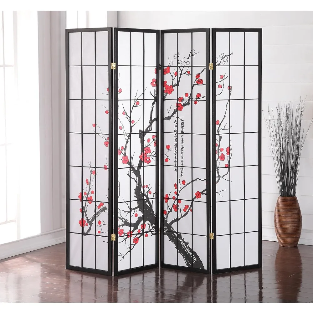 Divisor de habitación negro de 4 paneles de estilo japonés con diseño de flor de ciruelo