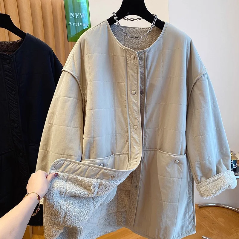 

Lamb Fur Lined Cotton Jaet Women's Winter Mid-Length Loose Fce Lined Cotton Coat Outerwear Vintage Sle Long Sve