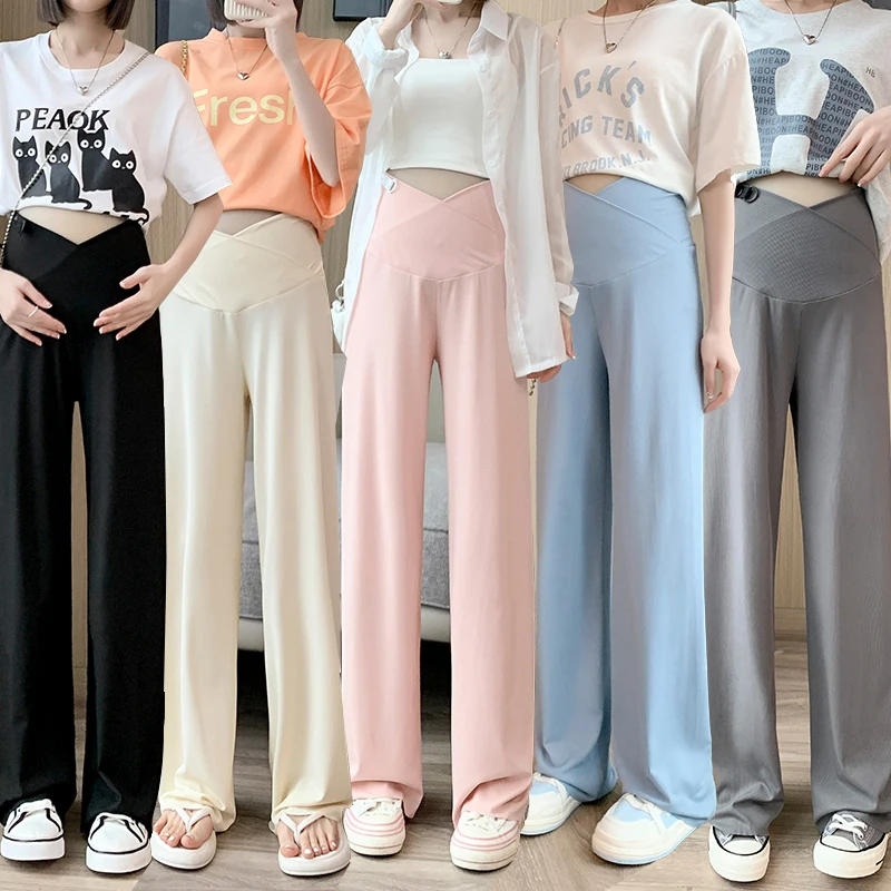 Maternity Woman Wide Leg Loose Straight Trousers Pants Casual Cool Thin Youth Pregnancy Trousers Low Waist Elastic First Pants