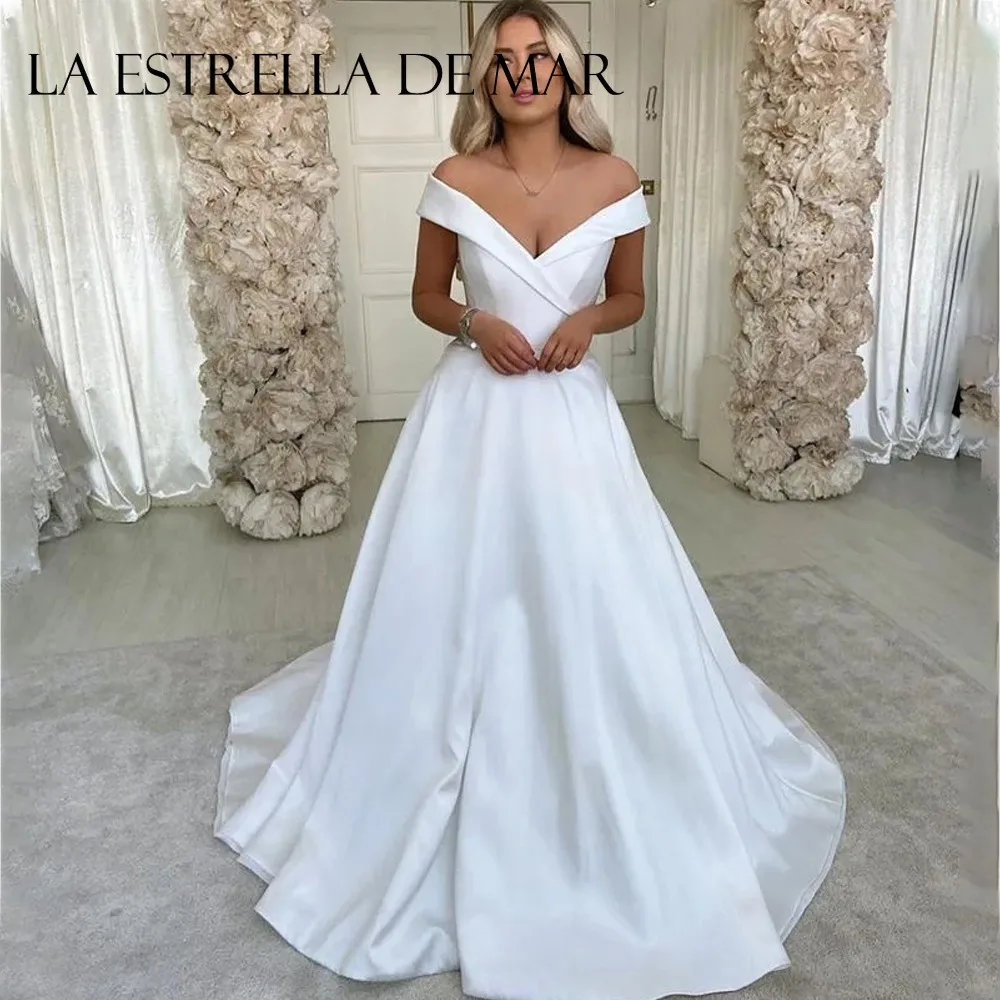 Long Off The Shoulder Satin Wedding Dresses Bride Sweetheart  A Line Vestido Novia  Elegant Pregnant Women Abendkleider Hochzeit