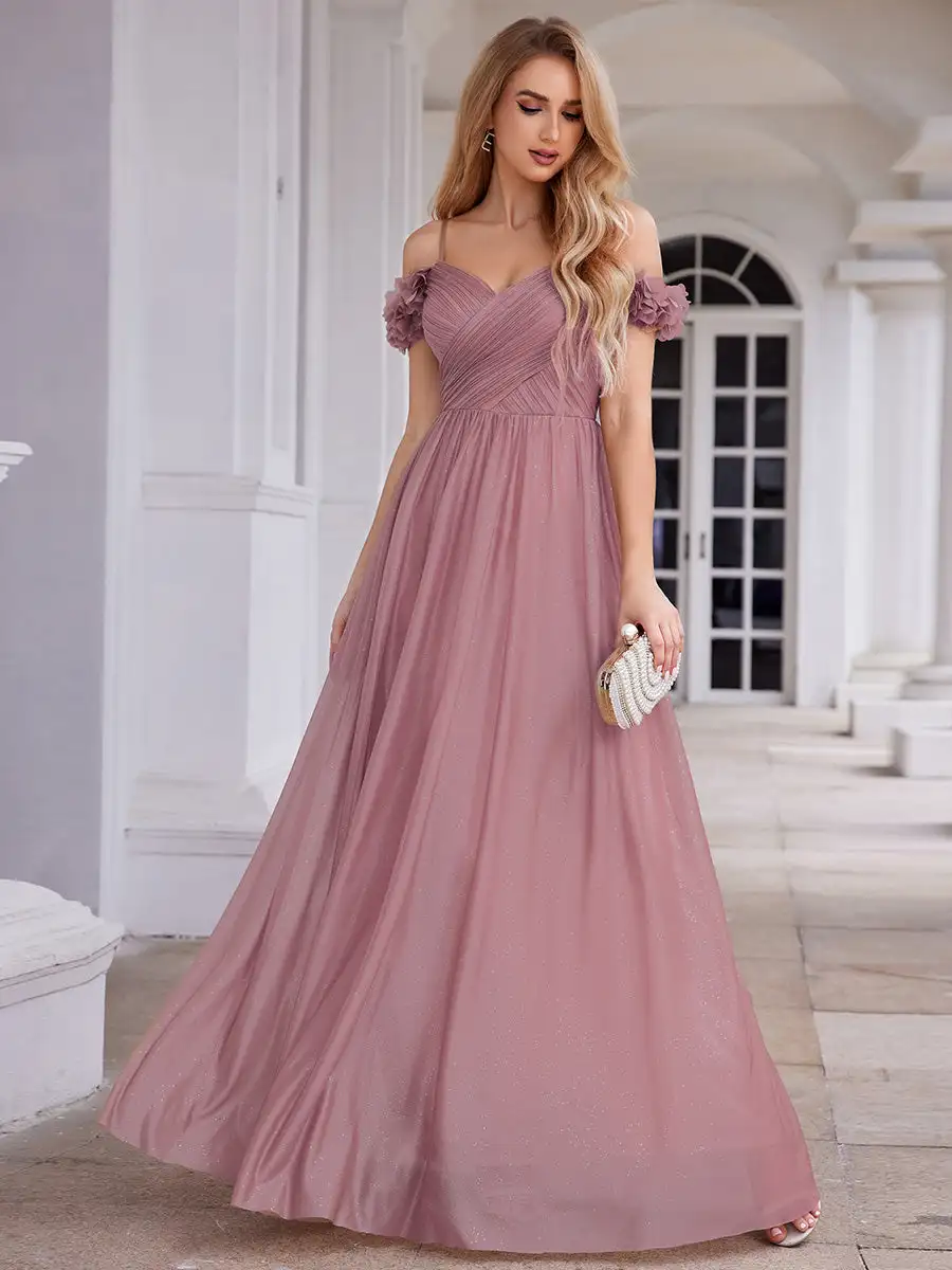 

Elegant Evening Dresses Sweetheart Flower decoration Sequin Off-shoulder Sleeves 2024 BAZIIINGAAA of Orchid Bridesmaid dresses