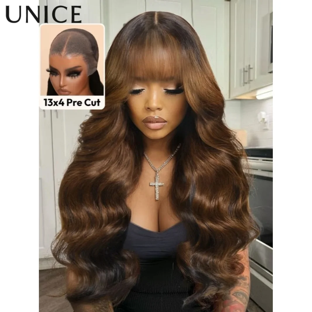 

UNice Bye-Bye Knots 13x4 Black with Brown Money Piece Natural Fluffy Loose Wave Curtain Bangs Wig
