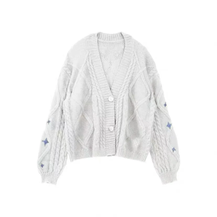 Vintage Star Embroidered Knitted Cardigan For Women New Arrival Autumn Fashion V Neck Long Sleeve Coat Lady Winter Loose Sweate