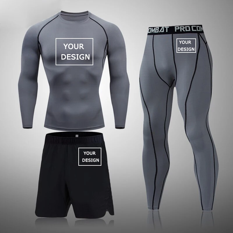 Custom Print Compression Fitness Suits for Men 3 Pieces Gym Workout Clothing Rash Guard Base Layer Undershirts Tops Pants Shorts