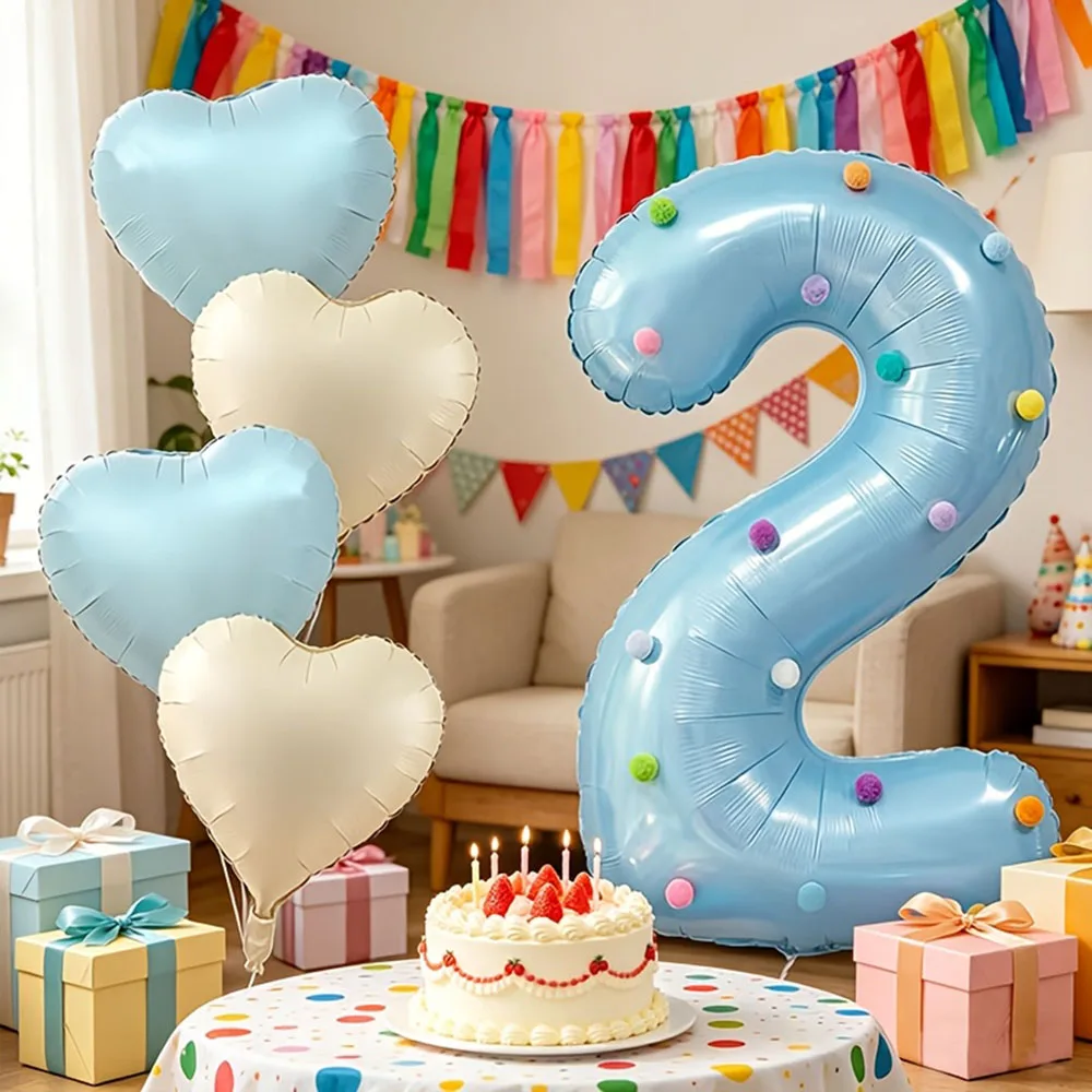 1Set Cream Blue Heart Shape Balloon 40In Blue Number Foil Balloons 0-9 with plush ball for Birthday Party Anniversary Decor Gift
