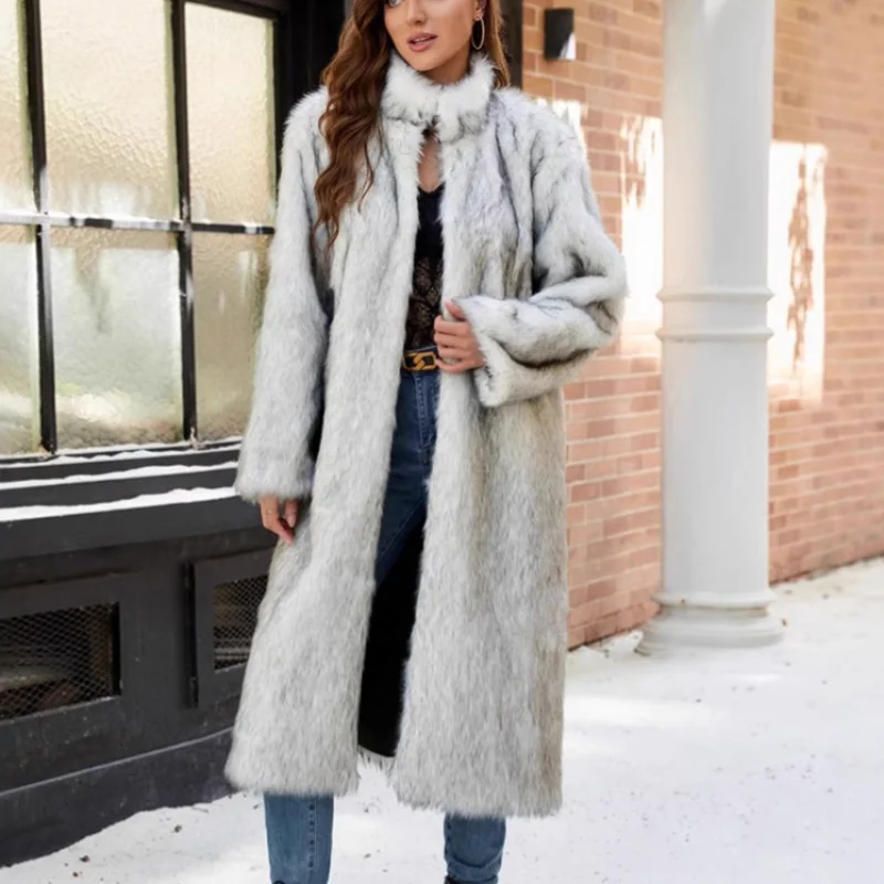 

F0784European and American New Stand Collar Women's Top Faux Fox Fur Long Overcoat Trench Coat