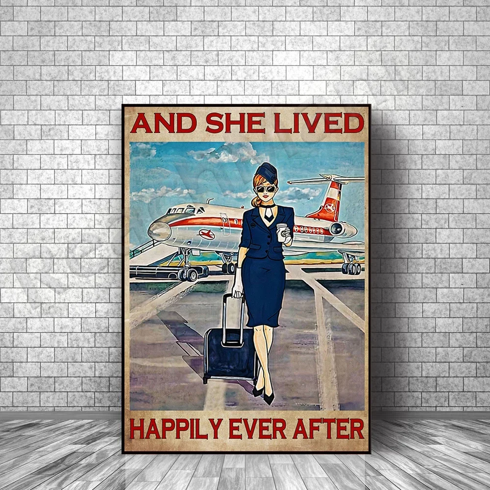 Stewardess - She Lives Happy After Frameless Poster Vintage Home Decor Print Art