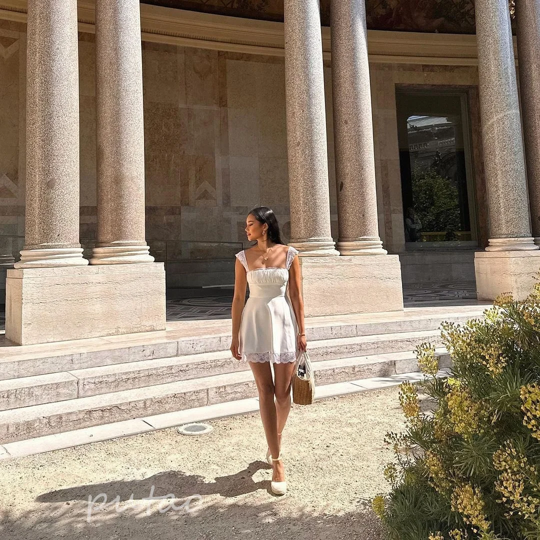 PuTao Vestido corto De encaje blanco, minivestido De cóctel con Espalda descubierta, corte en A, Vestidos De Noche para fiesta De graduación