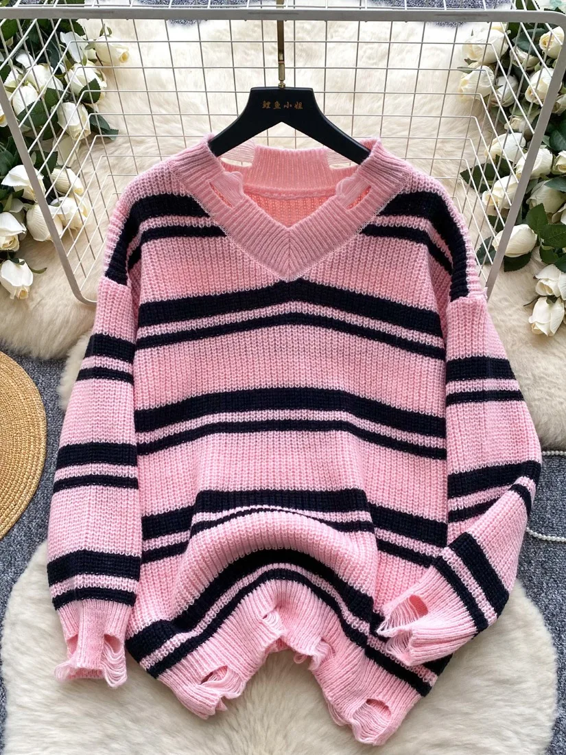 Foamlina Y2k Girl's Streetwear Stripe Sweater Women's Edgy Knit Jumper Cool Top Distressed Stripe Pattern Loose Pullover Sweater