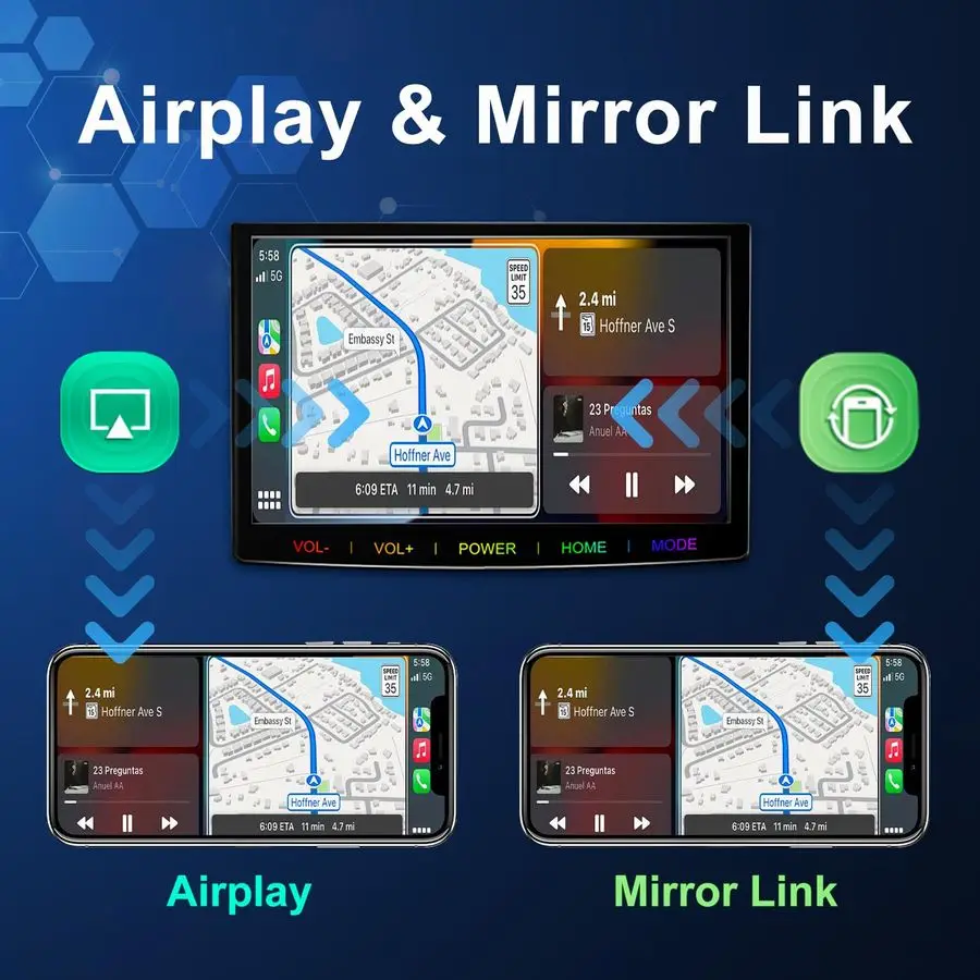 Беспроводной портативный автомобильный экран Apple CarPlay усилителя Android Auto, автоматическая регулировка яркости, поддержка HD-видео, с резервной камерой HD