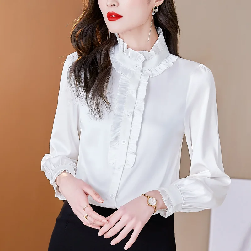 #2505 White Red Purple Grey Satin Shirt Women Ruffles Stand Collar Office Shirt Long Sleeve Womens Tops And Blouses Regular Fit